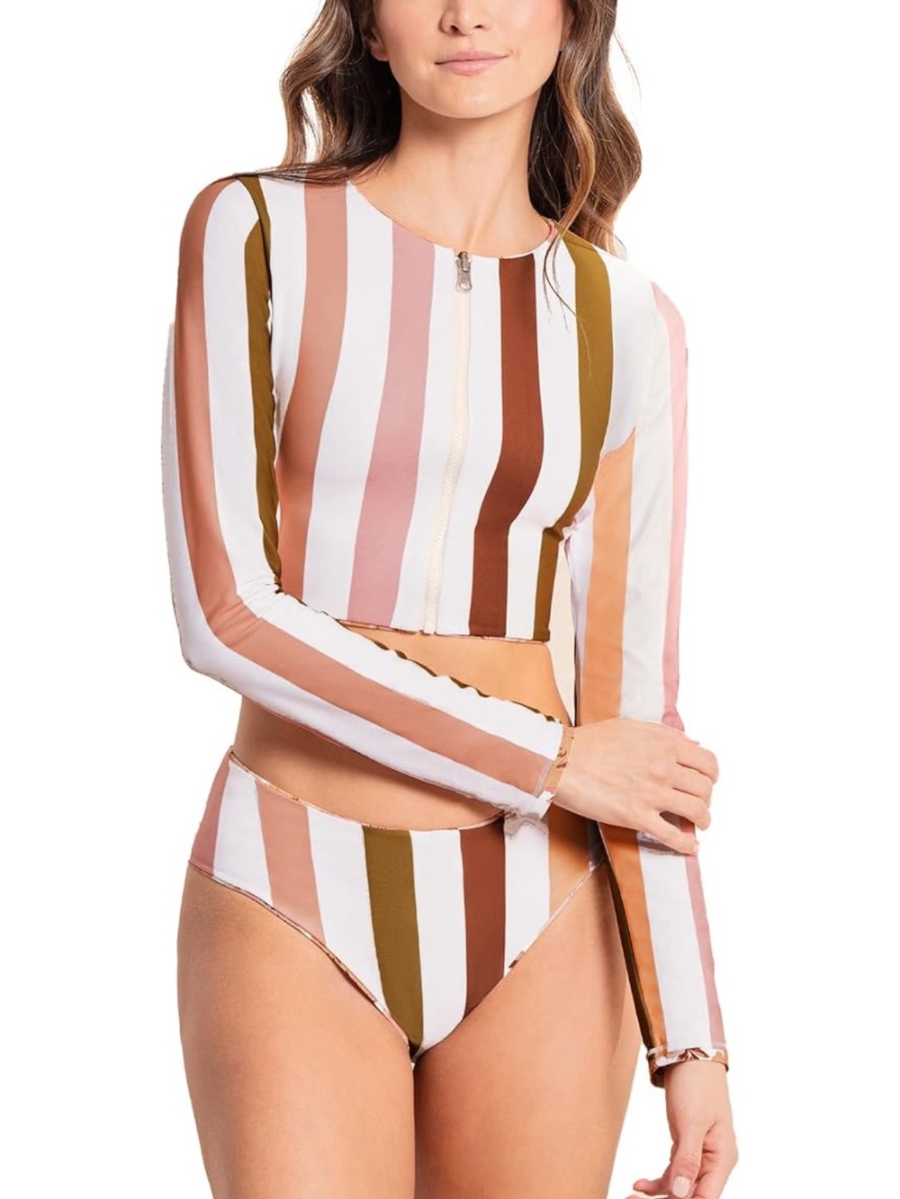 Maaji White Floral Zip-Front Long Sleeve Reversible Bikini - Pink & Peach - Picture 2 of 6